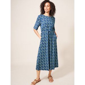 White Stuff Womens Nuelle Jersey Midi Dress 6 UK10 Floral Blue Organic C…